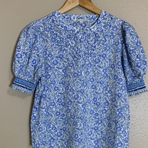 Anthropologie Saison de la Fleur Women’s Blue Floral Organic Cotton Top Chic S - Picture 2 of 11